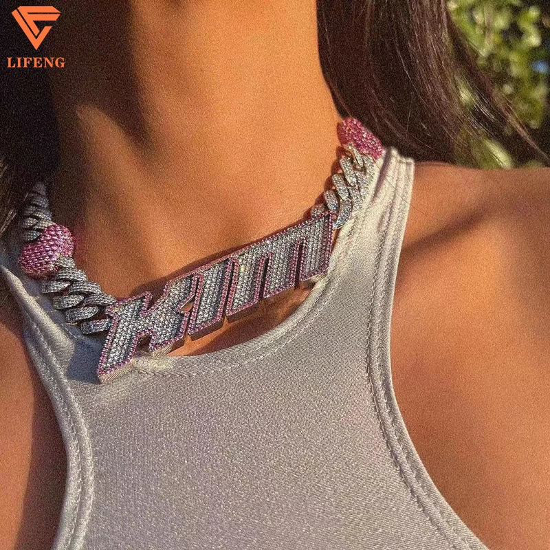 925 Silver Hip Hop Fashion Necklace with Pink Love Heart Fancy Cut Iced VVS Moissanite Cuban Link Chain and Letter Charm