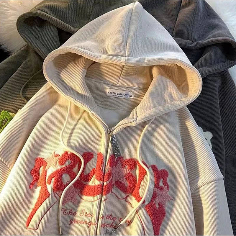 Y2k Fashion Embroidery Zip Up Hoodies