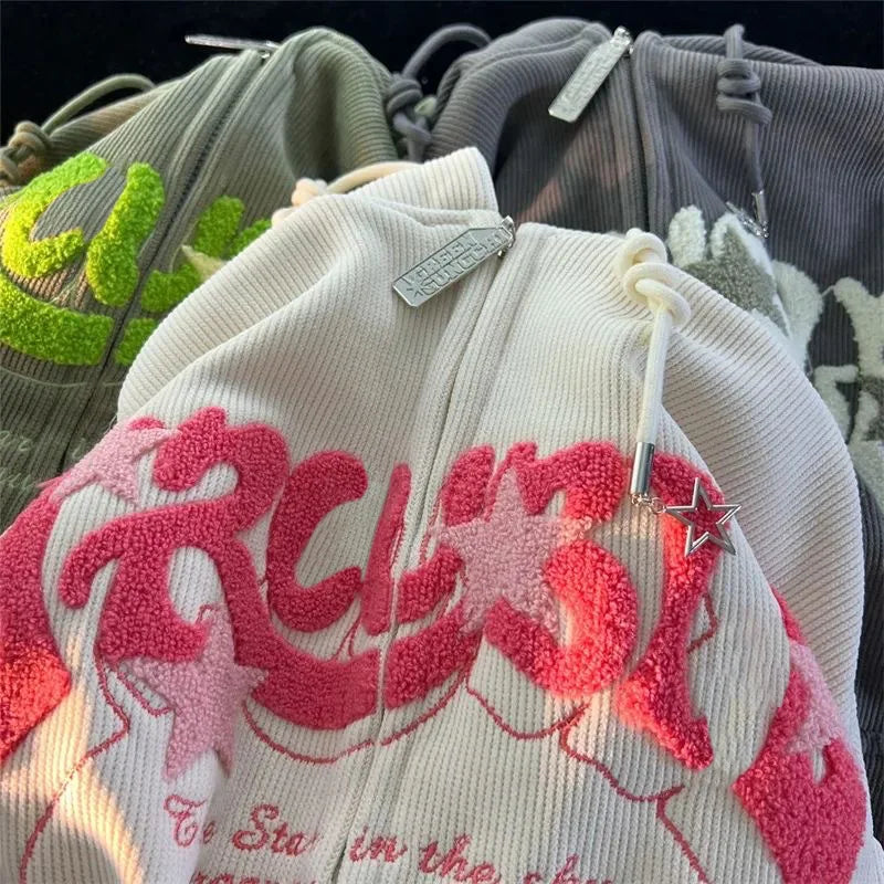 Y2k Fashion Embroidery Zip Up Hoodies