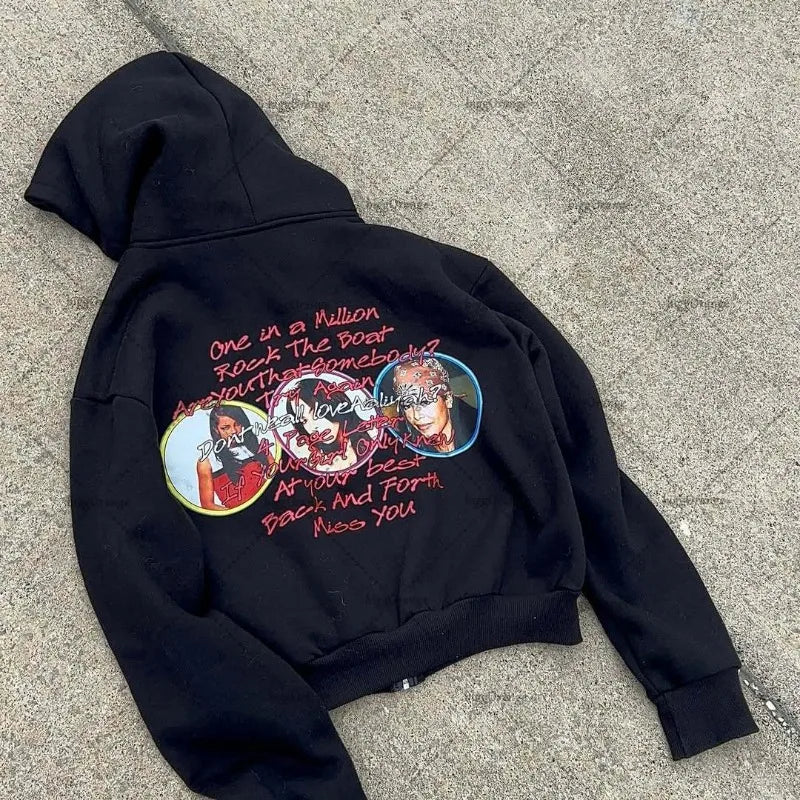 Summer American Street Tide Harajuku Retro Anime Print Hoodie Men y2k Gothic Punk Classic Oversized Zipper Sweatshirt women