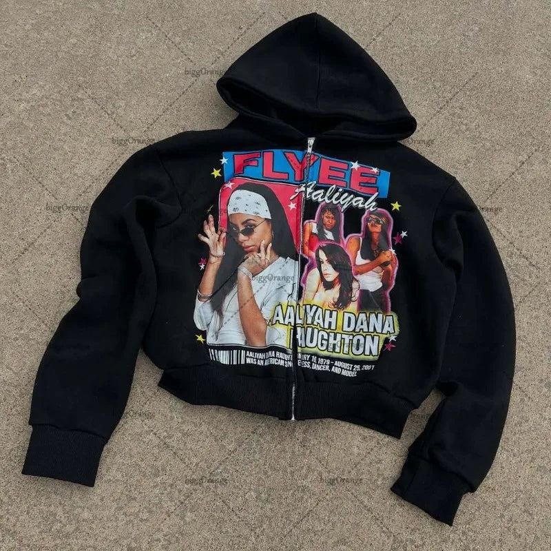Summer American Street Tide Harajuku Retro Anime Print Hoodie Men y2k Gothic Punk Classic Oversized Zipper Sweatshirt women