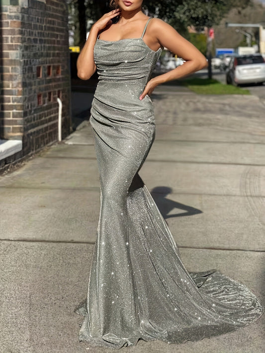 Elegant Glitter Sequin Slip Sleeveless Backless Maxi Dress
