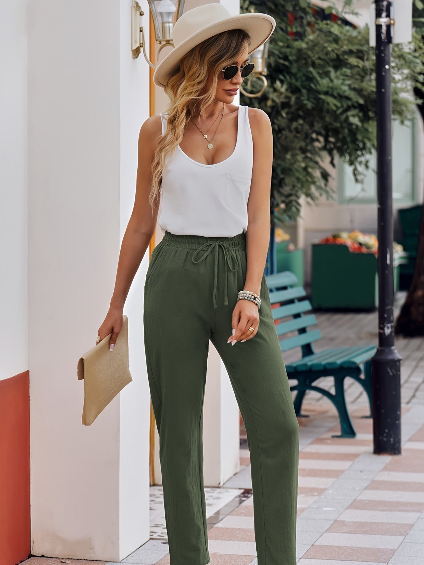 Casual Drawstring Solid Elastic Waist Loose Pants