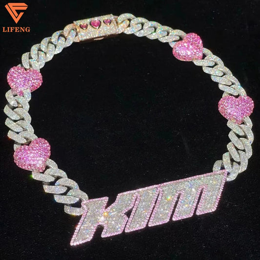 925 Silver Hip Hop Fashion Necklace with Pink Love Heart Fancy Cut Iced VVS Moissanite Cuban Link Chain and Letter Charm
