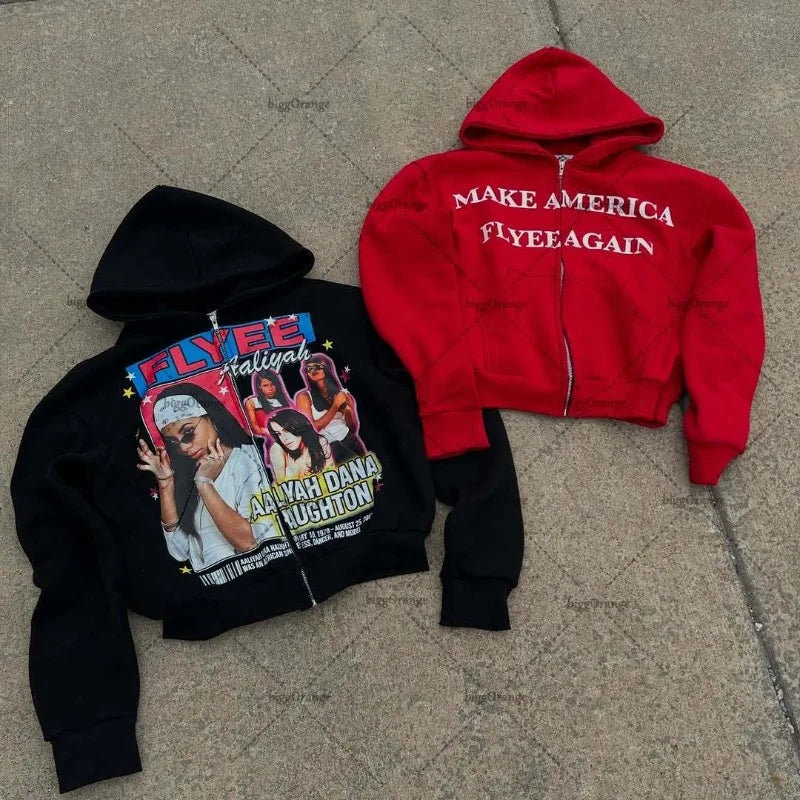 Summer American Street Tide Harajuku Retro Anime Print Hoodie Men y2k Gothic Punk Classic Oversized Zipper Sweatshirt women