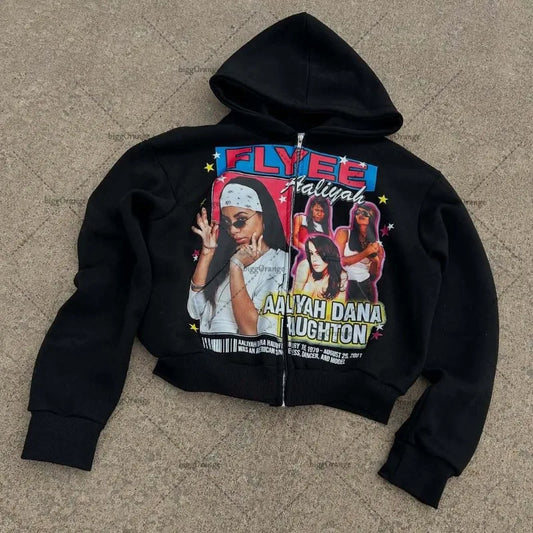Summer American Street Tide Harajuku Retro Anime Print Hoodie Men y2k Gothic Punk Classic Oversized Zipper Sweatshirt women
