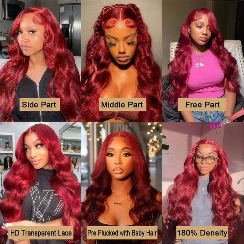 13X6 Body Wave Lace Frontal Human Hair Wigs Red Lace Front Wig Human Hair For Women Remy Pre Plucked Burgundy 99J Lace Front Wig