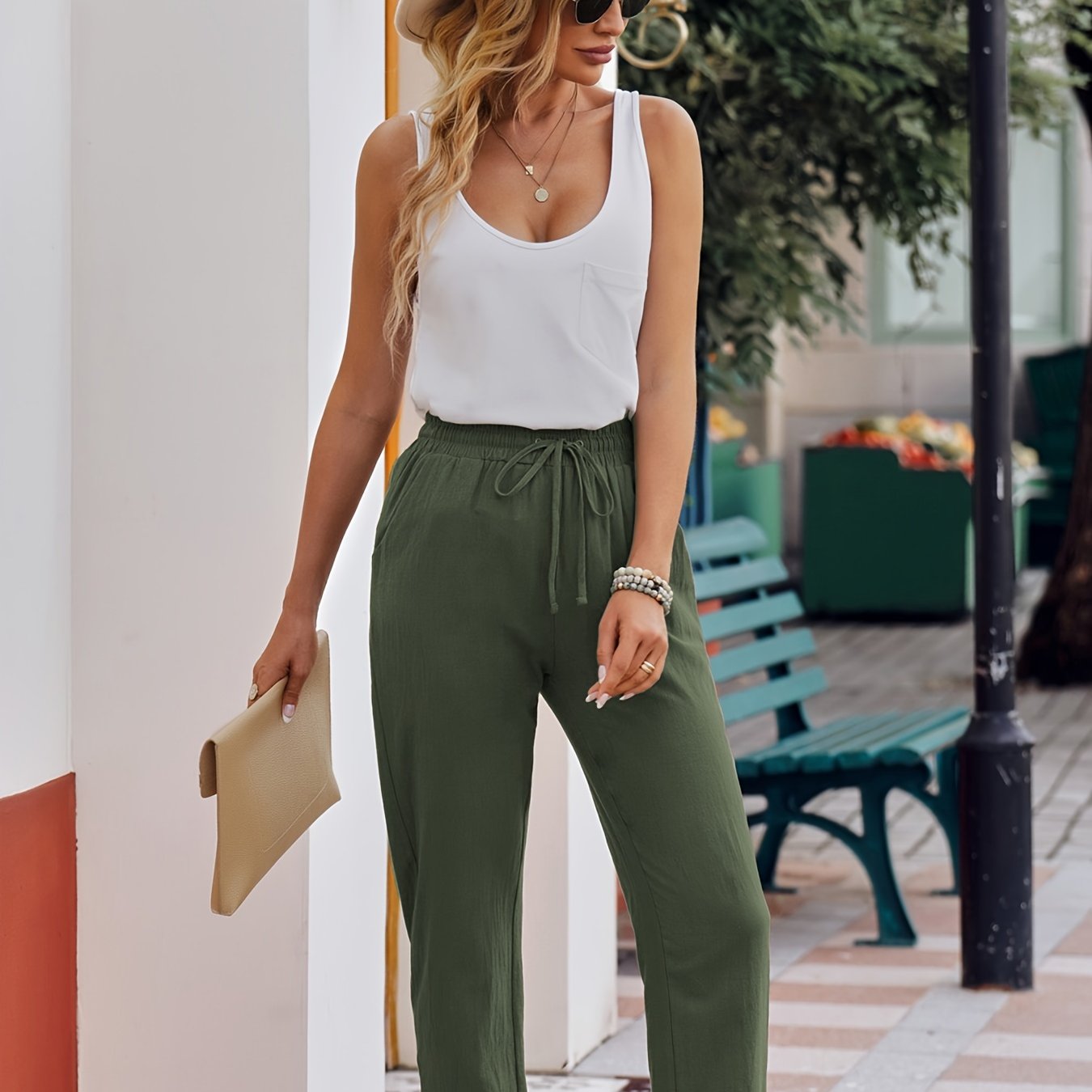 Casual Drawstring Solid Elastic Waist Loose Pants